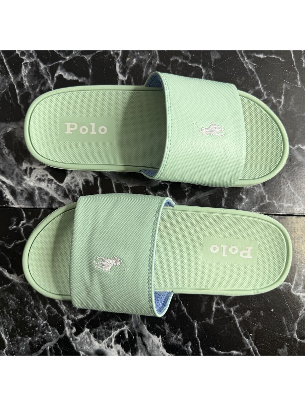 Polo Ralph Lauren Minty Green Blue Poloman Slides  Sandals Size 4